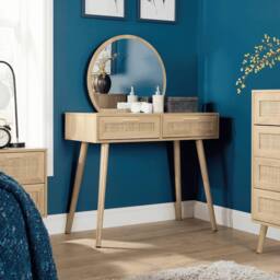 Home Source Dressing Table & Circular Mirror 2 Rattan Front Drawers Vanity Table in Natural - thumbnail 1