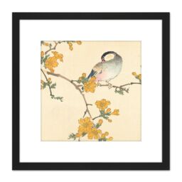 Artery8 Kono Bairei Songbird on Flowering Branch 8X8 Inch Square Wooden Framed Wall Art Print Picture with Mount in Black - thumbnail 1