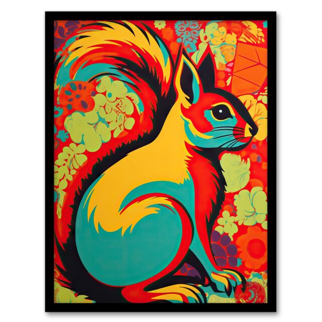 Artery8 Wall Art Print Autumn Squirrel Screen Neon Red Orange Yellow Teal Abstract Vibrant Bold Bright Colourful Painting Art Framed - image 1