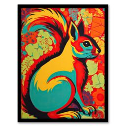 Artery8 Wall Art Print Autumn Squirrel Screen Neon Red Orange Yellow Teal Abstract Vibrant Bold Bright Colourful Painting Art Framed - thumbnail 1