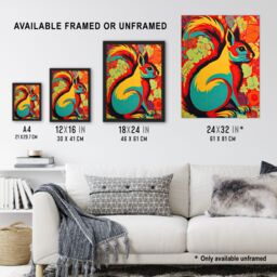 Artery8 Wall Art Print Autumn Squirrel Screen Neon Red Orange Yellow Teal Abstract Vibrant Bold Bright Colourful Painting Art Framed - thumbnail 3