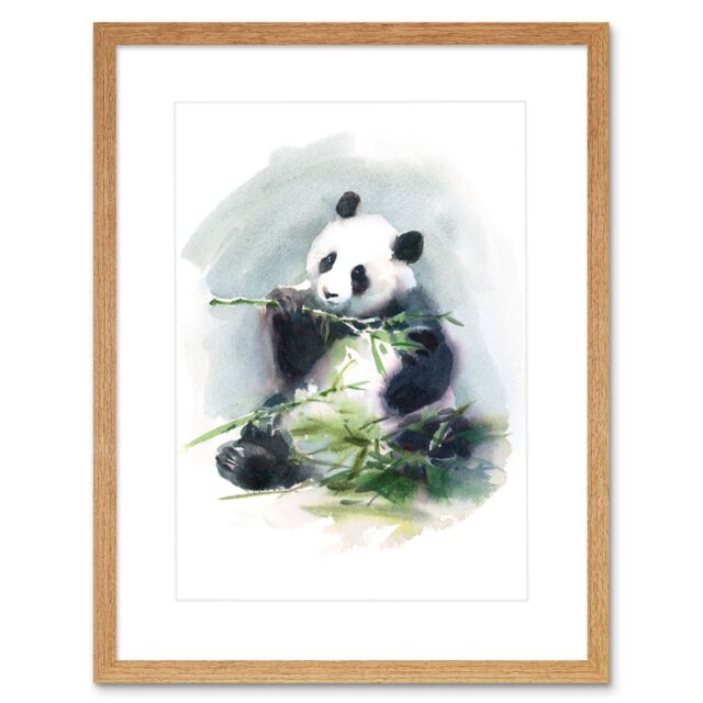 "Artery8 Wall Art Print Panda Eating Watercolour Art Framed 9x7 inch in Beige - Size: W7"" x H9""" - image 1