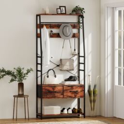 HOMCOM Coat Rack with Shoe Storage, Bench & 10 Hooks in Brown - thumbnail 1