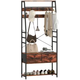 HOMCOM Coat Rack with Shoe Storage, Bench & 10 Hooks in Brown - thumbnail 2
