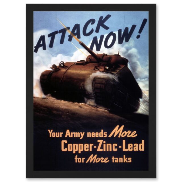 Artery8 World War WW2 USA Attack Tank Metal Copper Zinc Lead A4 Artwork Framed Wall Art Print in Black - image 1