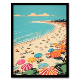 Wee Blue Coo Wall Art Print Sun Sand Sea Cove Busy Beach Coastal Landscape Aqua Orange Pink Bright Painting Art Framed in Blue - Size: A4 - thumbnail 1