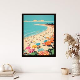 Wee Blue Coo Wall Art Print Sun Sand Sea Cove Busy Beach Coastal Landscape Aqua Orange Pink Bright Painting Art Framed in Blue - Size: A4 - thumbnail 4