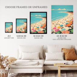Wee Blue Coo Wall Art Print Sun Sand Sea Cove Busy Beach Coastal Landscape Aqua Orange Pink Bright Painting Art Framed in Blue - Size: A4 - thumbnail 3
