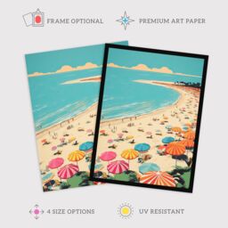 Wee Blue Coo Wall Art Print Sun Sand Sea Cove Busy Beach Coastal Landscape Aqua Orange Pink Bright Painting Art Framed in Blue - Size: A4 - thumbnail 2