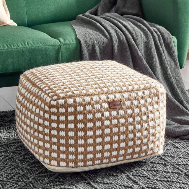 Wyld and Coco Handwoven Pouf Ottoman Beige Cotton-Wool 50 x 50 cm - image 1