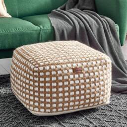 Wyld and Coco Handwoven Pouf Ottoman Beige Cotton-Wool 50 x 50 cm