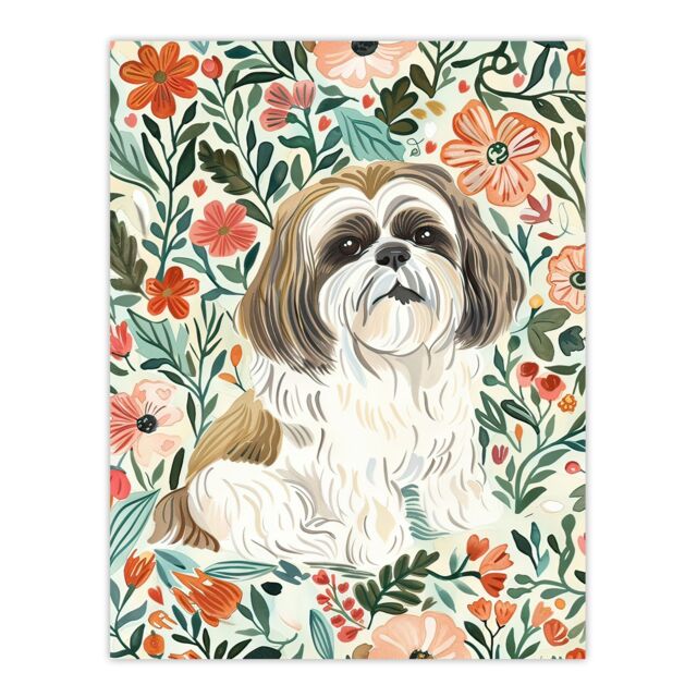 "Artery8 Cute Shih Tzu Dog Lover Rustic Floral Portrait Wall Art Print - Size: W18"" x H24""" - image 1