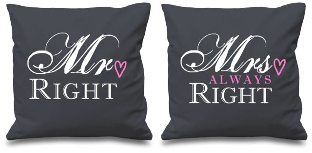 "60 SECOND MAKEOVER Mr Right Mrs Always Right Grey Cushion Covers 16"" x 16"" Couples Cushions Valentines Wedding Anniversary Bedroom Decorati"