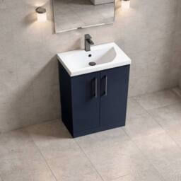 Balterley Contemporary Bathroom Floor 2-Door Vanity Unit & Basin, Blue, 600mm in Blue - thumbnail 4