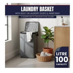 MANTRARAJ 100L Laundry Basket Washing Clothes Storage Bin Foldable With Lid Grey - thumbnail 2