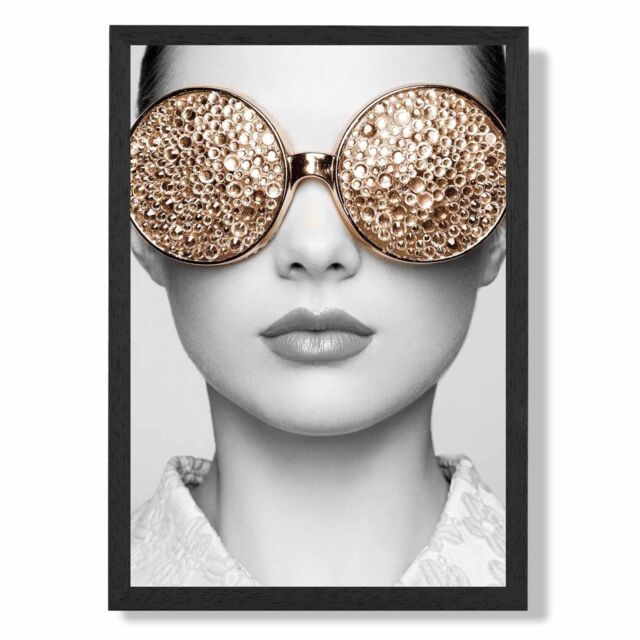 ARTZE Girl with Gold Bling Sunglasses Fashion Black & White Photo Framed Print SIZE: A2 with Black Frame - image 1