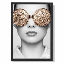 ARTZE Girl with Gold Bling Sunglasses Fashion Black & White Photo Framed Print SIZE: A2 with Black Frame