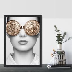 ARTZE Girl with Gold Bling Sunglasses Fashion Black & White Photo Framed Print SIZE: A2 with Black Frame - thumbnail 2