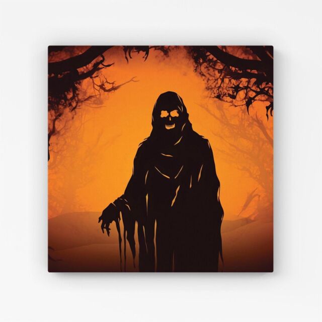 "Warren Reed - Designer A Spooky Black & Orange Ghost Canvas - Size: W16"" x H16""" - image 1