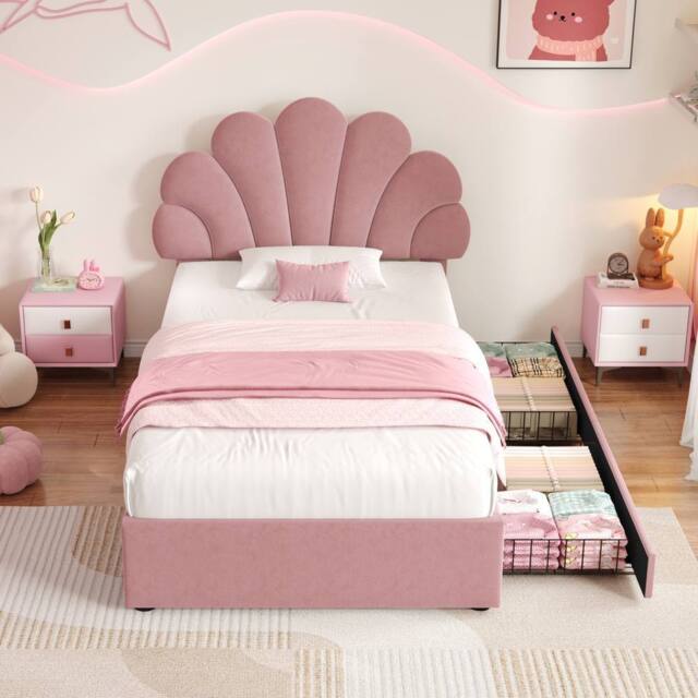 Merax Velvet Petal Shape 3ft Single Bed with Adjustable Headboard & Drawers in Pink - image 1