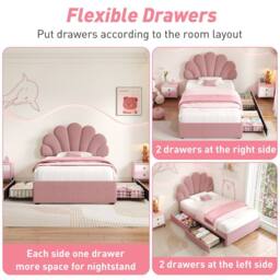 Merax Velvet Petal Shape 3ft Single Bed with Adjustable Headboard & Drawers in Pink - thumbnail 6