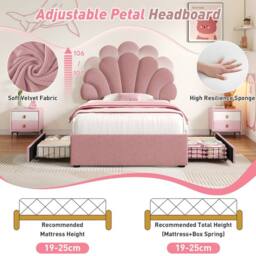 Merax Velvet Petal Shape 3ft Single Bed with Adjustable Headboard & Drawers in Pink - thumbnail 7