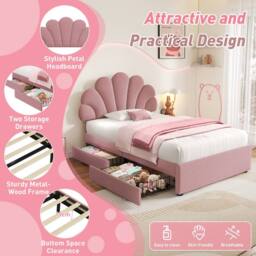 Merax Velvet Petal Shape 3ft Single Bed with Adjustable Headboard & Drawers in Pink - thumbnail 8