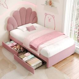Merax Velvet Petal Shape 3ft Single Bed with Adjustable Headboard & Drawers in Pink - thumbnail 3