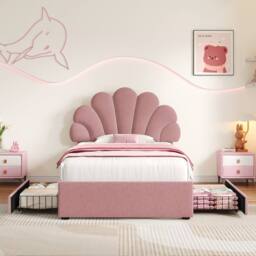 Merax Velvet Petal Shape 3ft Single Bed with Adjustable Headboard & Drawers in Pink - thumbnail 4
