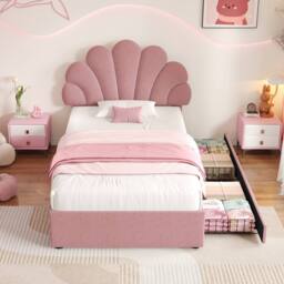 Merax Velvet Petal Shape 3ft Single Bed with Adjustable Headboard & Drawers in Pink - thumbnail 5