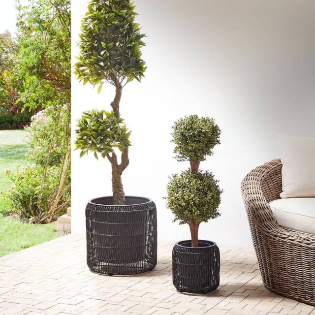 Wyld and Coco Black PE Rattan Plant Pots Set of 2 with Plastic Inserts - image 1