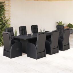 Berkfield Home 9 Piece Garden Dining Set with Cushions Black Poly Rattan - thumbnail 1