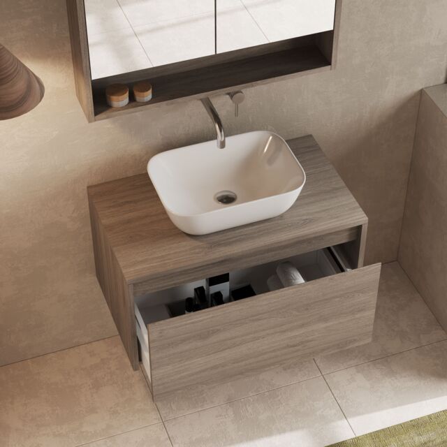 Banyetti Mino 800mm Wall Hung Vanity Unit with Matching Worktop-Nebraska Oak in Dark Brown - image 1