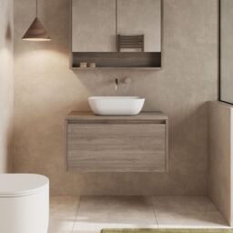 Banyetti Mino 800mm Wall Hung Vanity Unit with Matching Worktop-Nebraska Oak in Dark Brown - thumbnail 2
