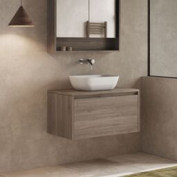 Banyetti Mino 800mm Wall Hung Vanity Unit with Matching Worktop-Nebraska Oak in Dark Brown - thumbnail 3