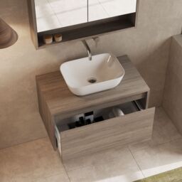 Banyetti Mino 800mm Wall Hung Vanity Unit with Matching Worktop-Nebraska Oak in Dark Brown - thumbnail 1
