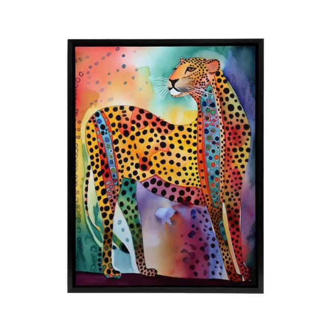 "Artery8 Colourful Cheetah Folk Art Watercolour Framed Canvas Wall Art Print - Size: W12"" x H16""" - image 1