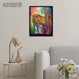 "Artery8 Colourful Cheetah Folk Art Watercolour Framed Canvas Wall Art Print - Size: W12"" x H16""" - thumbnail 3