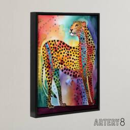 "Artery8 Colourful Cheetah Folk Art Watercolour Framed Canvas Wall Art Print - Size: W12"" x H16""" - thumbnail 2