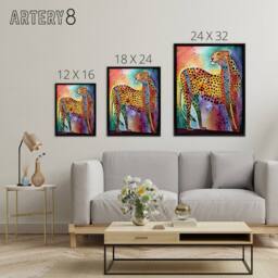 "Artery8 Colourful Cheetah Folk Art Watercolour Framed Canvas Wall Art Print - Size: W12"" x H16""" - thumbnail 4