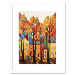 "Artery8 Wall Art Print Multicoloured House Street In Autumn Contemporary Folk Art Painting Artwork Framed 9X7 Inch in White - Size: W7"" x H9""" - thumbnail 1