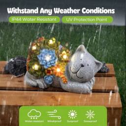 EONLION Garden Cat Stone Statue with LED Lights - thumbnail 2