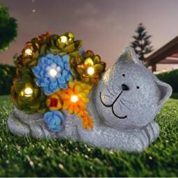 EONLION Garden Cat Stone Statue with LED Lights