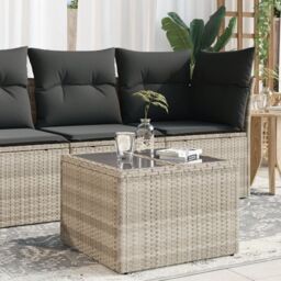 Berkfield Home Garden Table with Glass Top Light Grey 55x55x37 cm Poly Rattan - Size: 55 x 55 x 37 cm - thumbnail 1