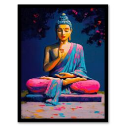 "Artery8 Buddha Statue Pink Blue Buddhism Mindfulness Framed Art Print - Size: W12"" x H16""" - thumbnail 1