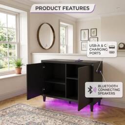 HOME LUXE INTERIOR Aura Black Gloss 2 Door Sideboard with LED & Bluetooth Speakers 110cm - thumbnail 8