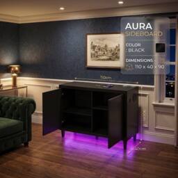 HOME LUXE INTERIOR Aura Black Gloss 2 Door Sideboard with LED & Bluetooth Speakers 110cm - thumbnail 6
