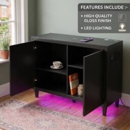 HOME LUXE INTERIOR Aura Black Gloss 2 Door Sideboard with LED & Bluetooth Speakers 110cm - thumbnail 7