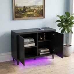 HOME LUXE INTERIOR Aura Black Gloss 2 Door Sideboard with LED & Bluetooth Speakers 110cm - thumbnail 4