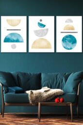 Yellow and Aqua Blue Abstract Mid Century Geometric Framed Wall Art - Large